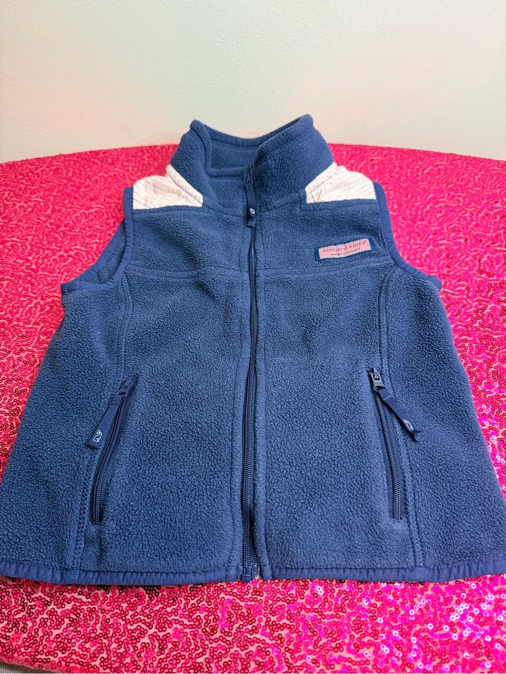 Vineyard Vines Kids Navy Fleece Vest with White Shoulder Accents